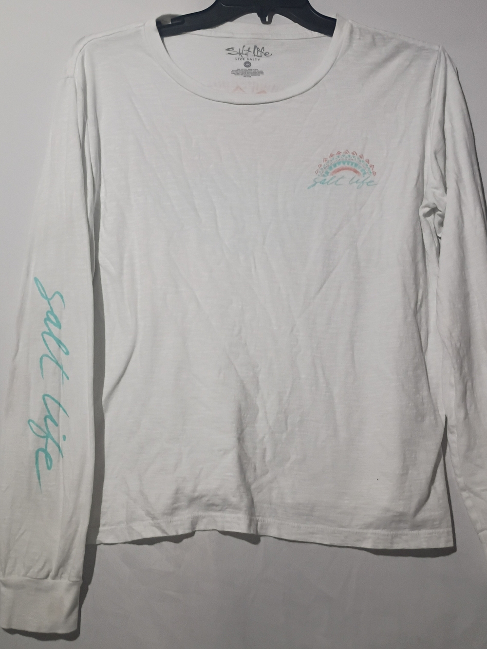 Salt Life White Long Sleeve Tee with Teal Script and Coral Accent